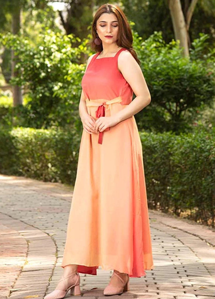 Nazmina Printed Casual Chiffon Frock FR-678 Coral peach