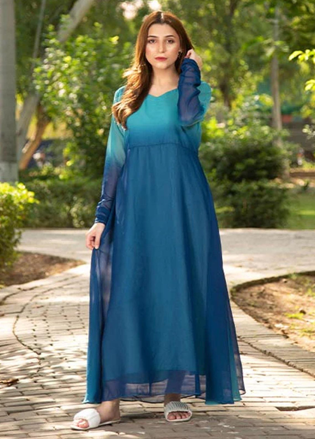 Nazmina Printed Casual Chiffon Frock FR-679 Blue Tue & Dye