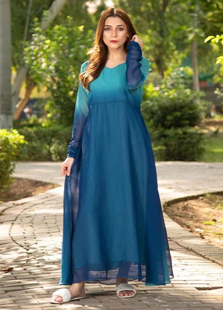 Nazmina Printed Casual Chiffon Frock FR-679 Blue Tue & Dye