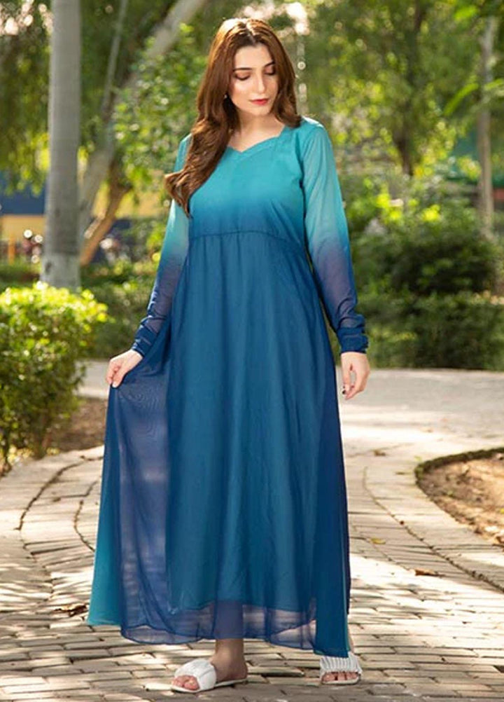 Nazmina Printed Casual Chiffon Frock FR-679 Blue Tue & Dye