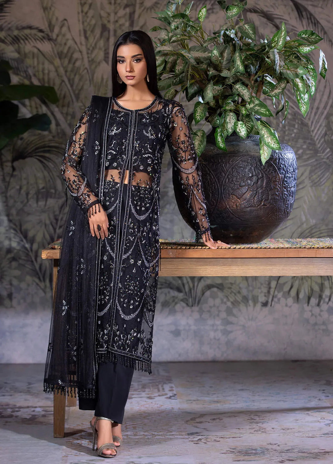 Amber Imran Pret Embroidered Net 4 Piece Suit Midnight