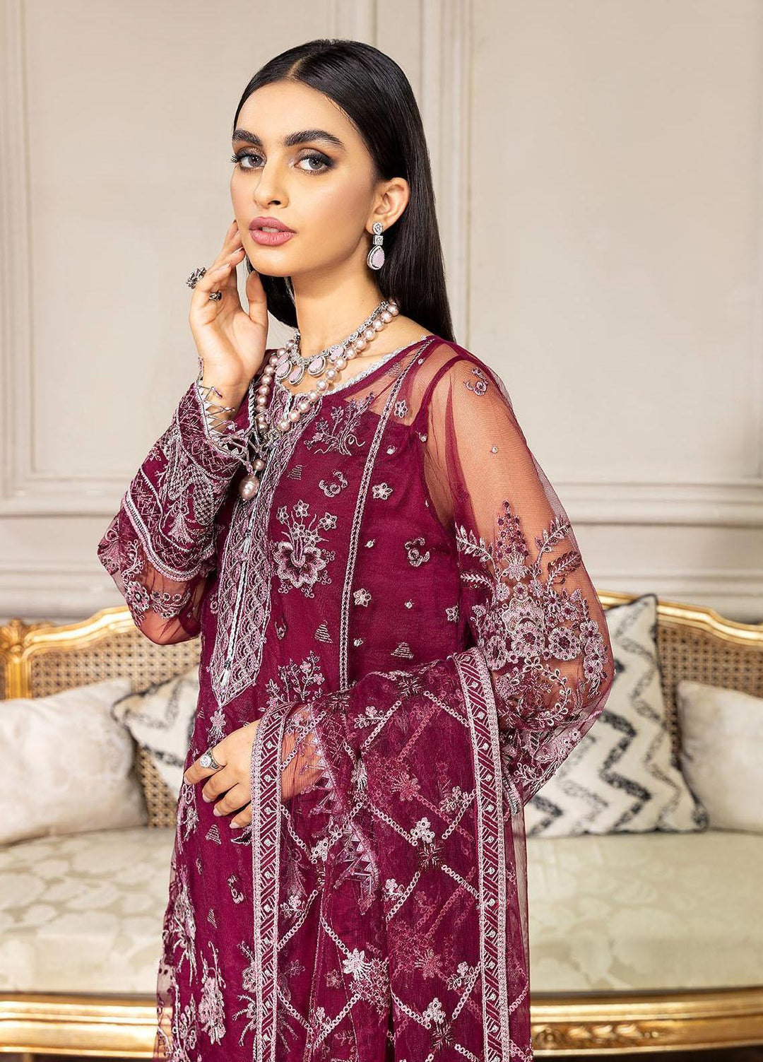 Amiraa by Farasha Embroidered Net Suits Unstitched 3 Piece FSH22AM 3-Aster - Luxury Collection