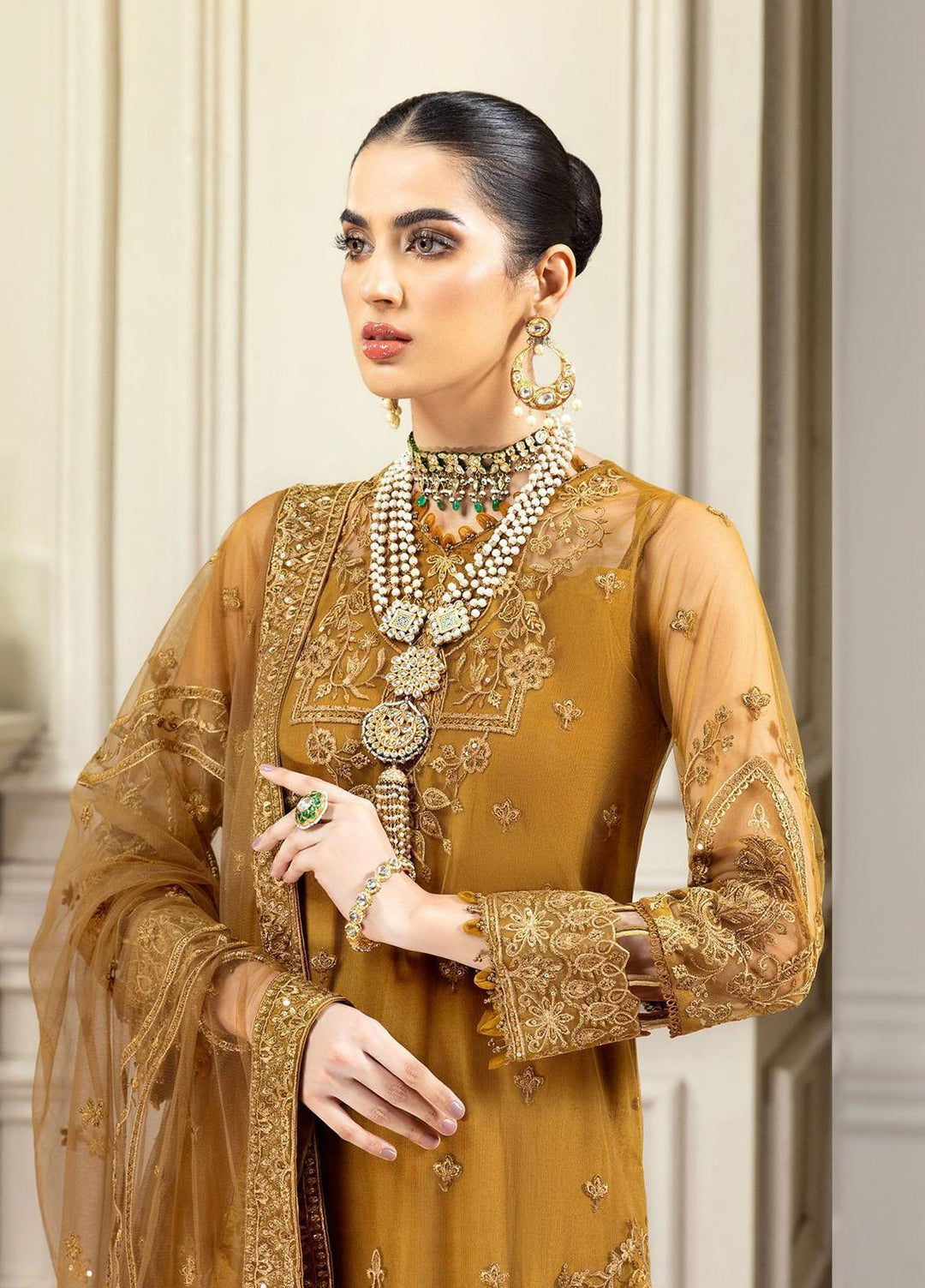 Amiraa by Farasha Embroidered Net Suits Unstitched 3 Piece FSH22AM 8-Amber - Luxury Collection