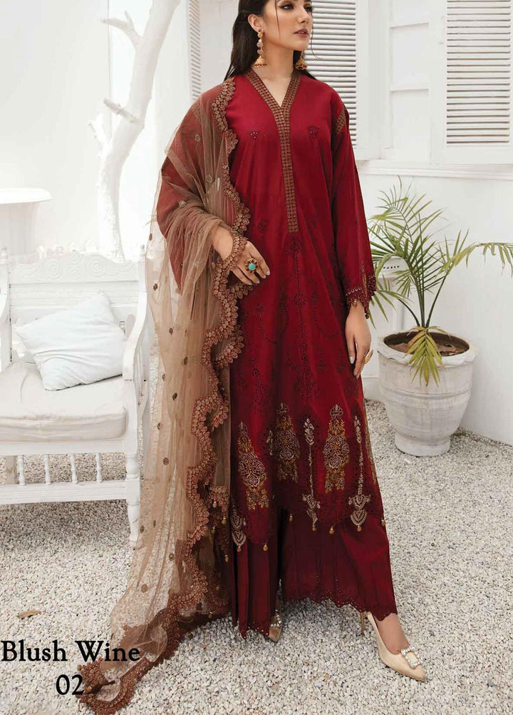 Anamta by Mahwish Ishtiaq Embroidered Lawn Suits Unstitched 3 Piece ANT21E 02 Blush Wine - Luxury Collection