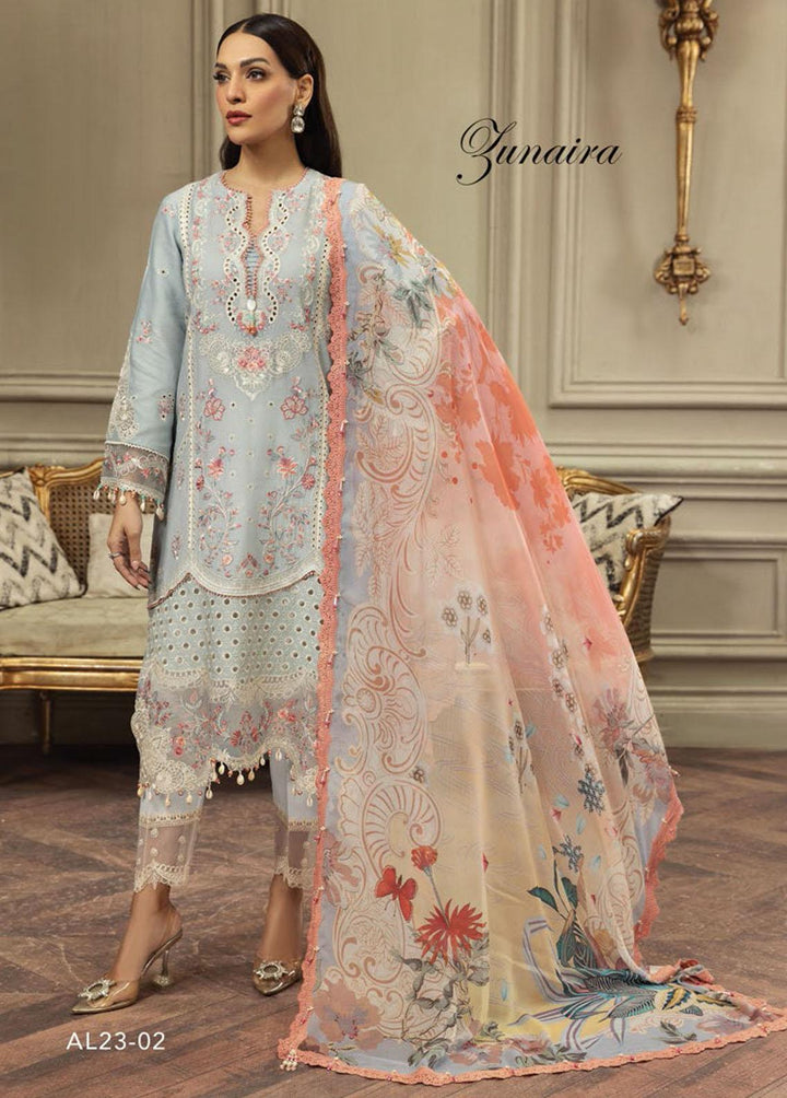 Anaya By Kiran Chaudhry Embroidered Cotton Net Suits Unstitched 3 Piece AKC23E AL23-02-Zunaira - Eid Collection