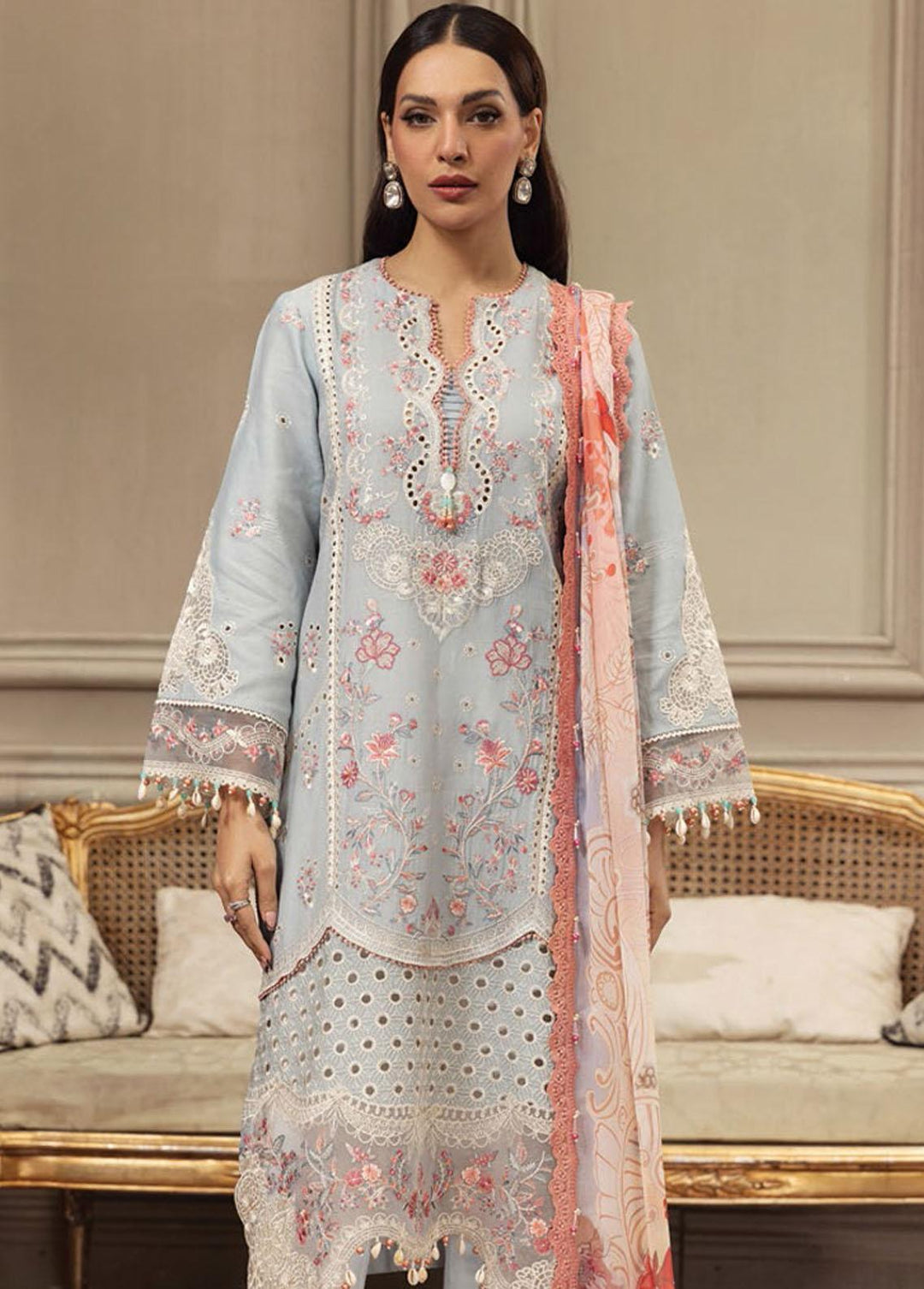 Anaya By Kiran Chaudhry Embroidered Cotton Net Suits Unstitched 3 Piece AKC23E AL23-02-Zunaira - Eid Collection