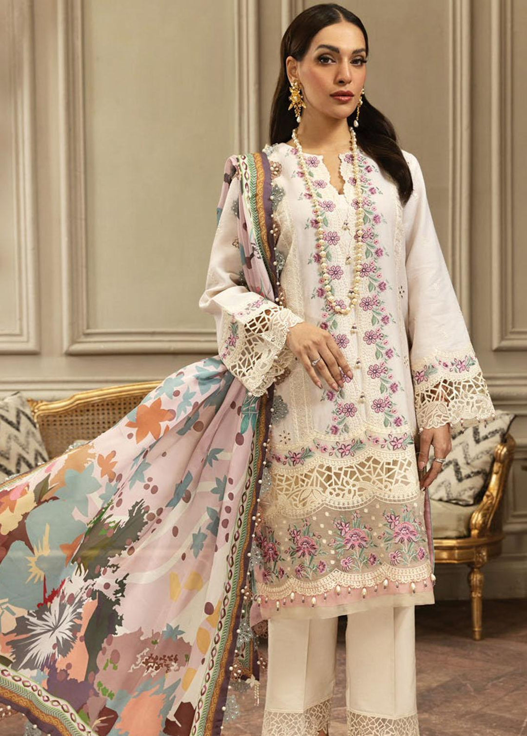 Anaya By Kiran Chaudhry Embroidered Cotton Net Suits Unstitched 3 Piece AKC23E AL23-05-Neha - Eid Collection