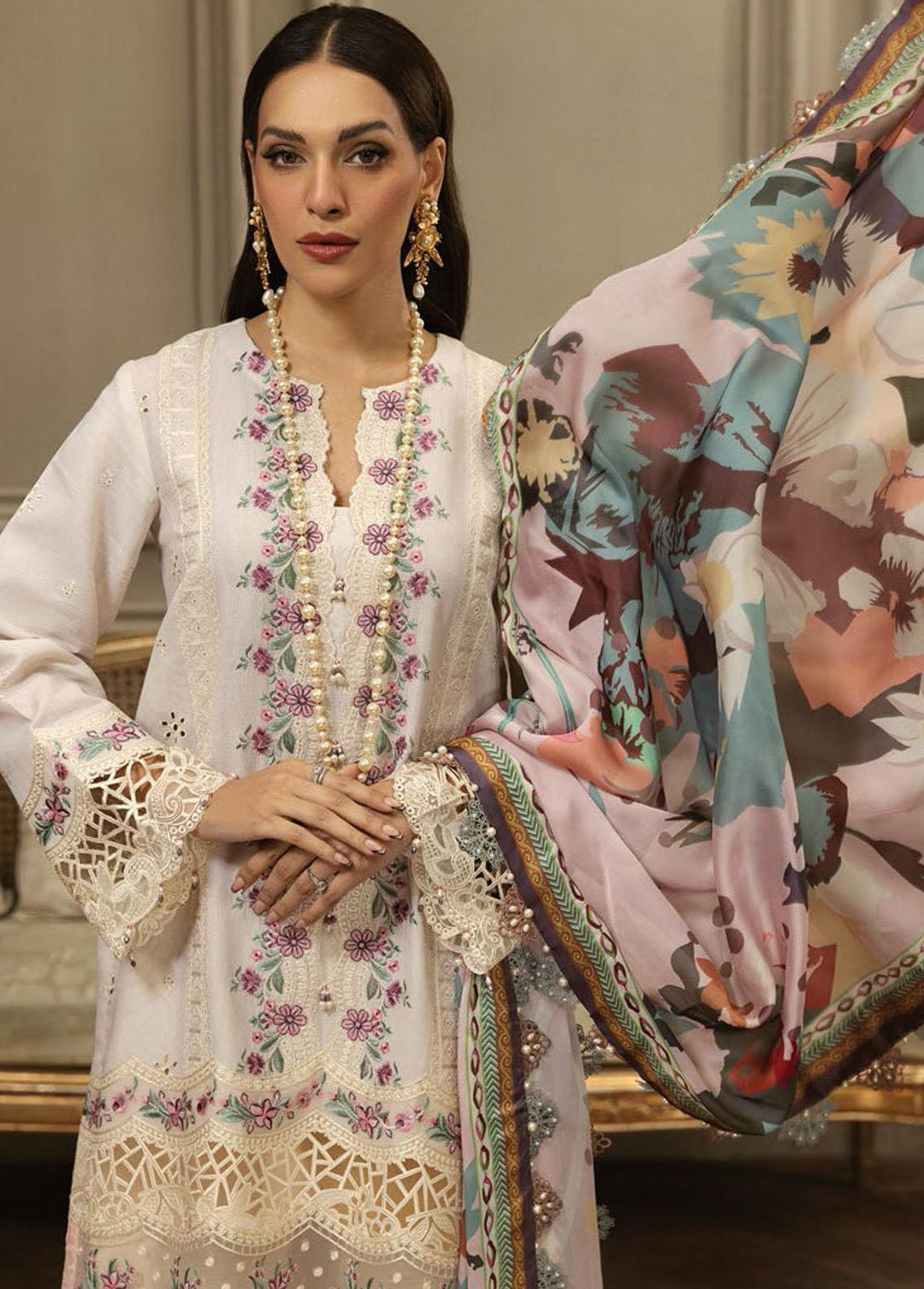 Anaya By Kiran Chaudhry Embroidered Cotton Net Suits Unstitched 3 Piece AKC23E AL23-05-Neha - Eid Collection
