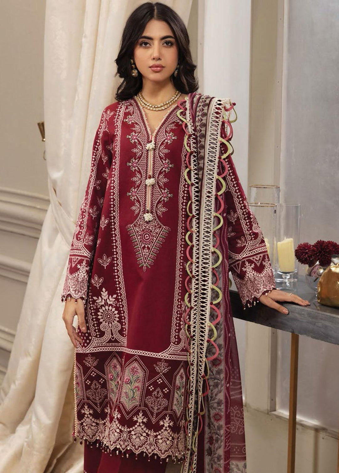 Anaya By Kiran Chaudhry Embroidered Cotton Net Suits Unstitched 3 Piece AKC23E AL23-14-Natasha - Eid Collection