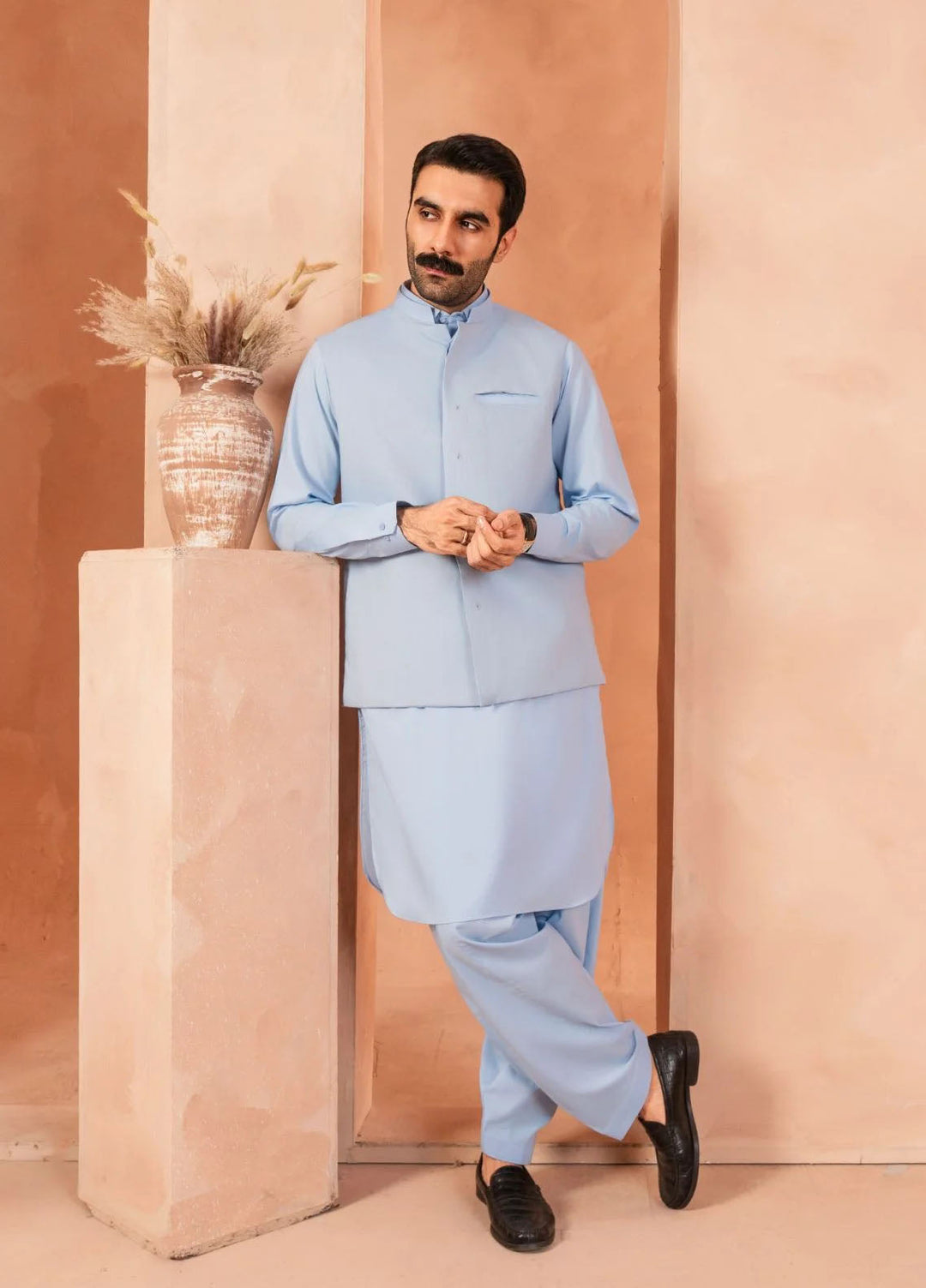 Andaaz by Sarkhail Plain Mens Kameez Trouser N Waistcoat - Azure