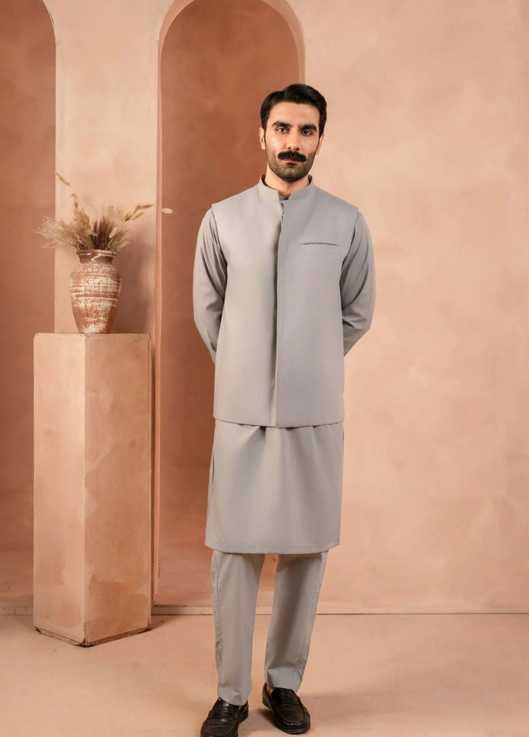 Andaaz by Sarkhail Plain Mens Kameez Trouser N Waistcoat - Grey Steel