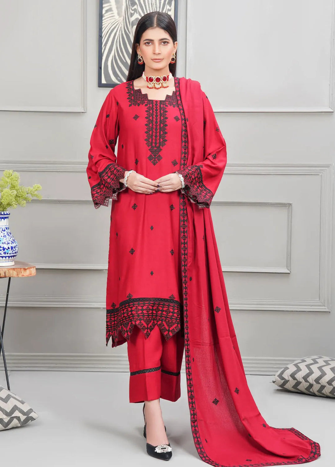 Apricity By Pashmire Pret Embroidered Karandi 3 Piece Suit Ruby