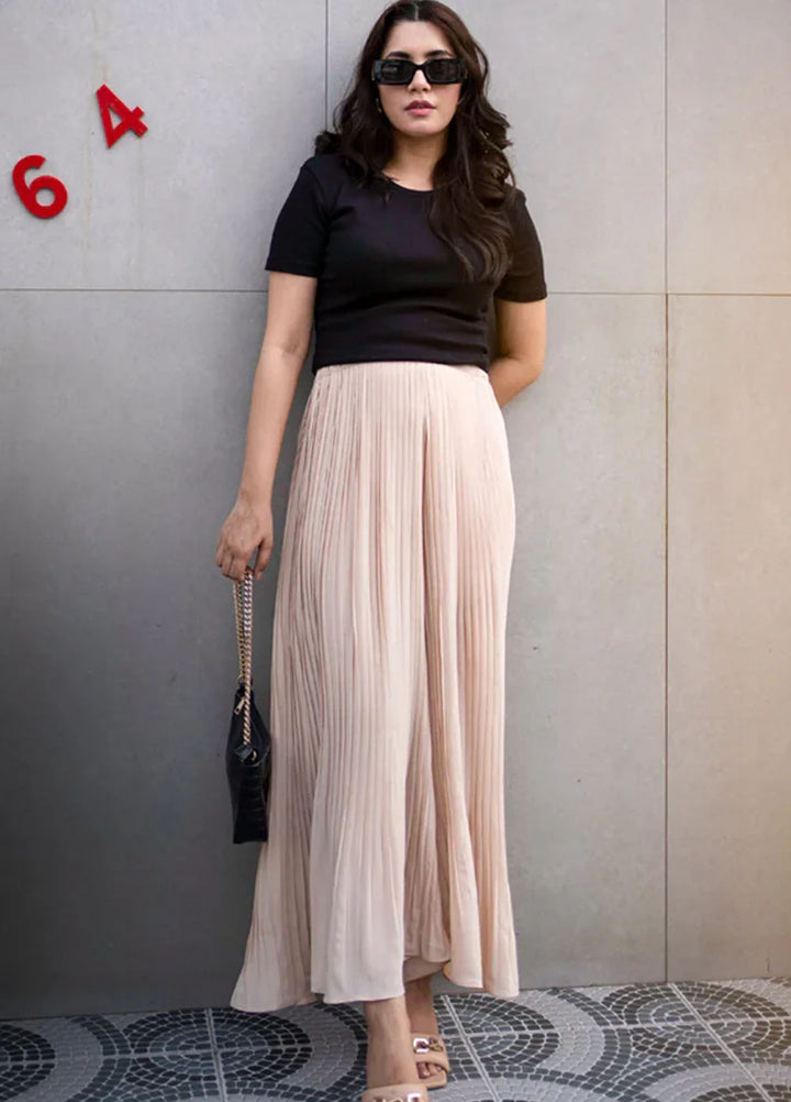 Apricocia Pret Plain Crepe Skirt Pleated Beige