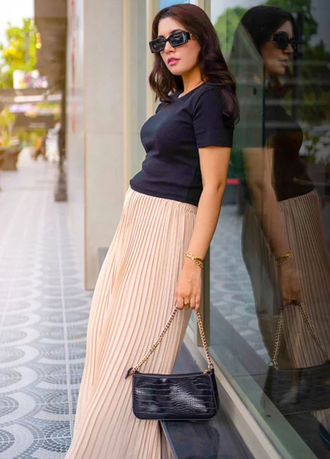 Apricocia Pret Plain Crepe Skirt Pleated Beige