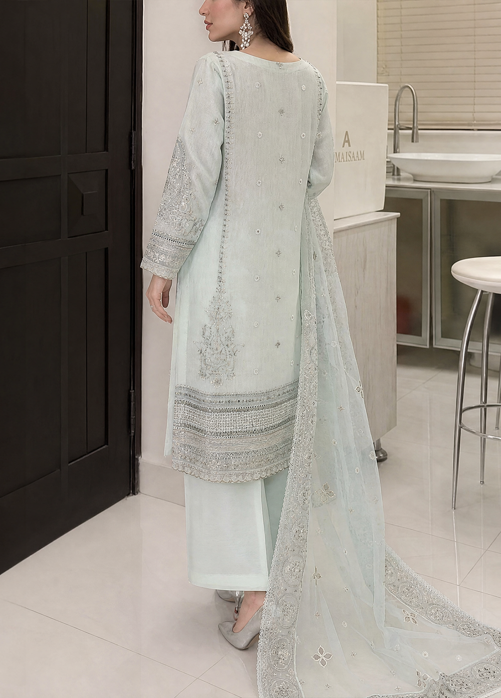 Falsafaa by HZ Textiles RTW Embroidered Organza 3 Piece Suit HZ26ULF HZK-229 Aqua - Festive Collection