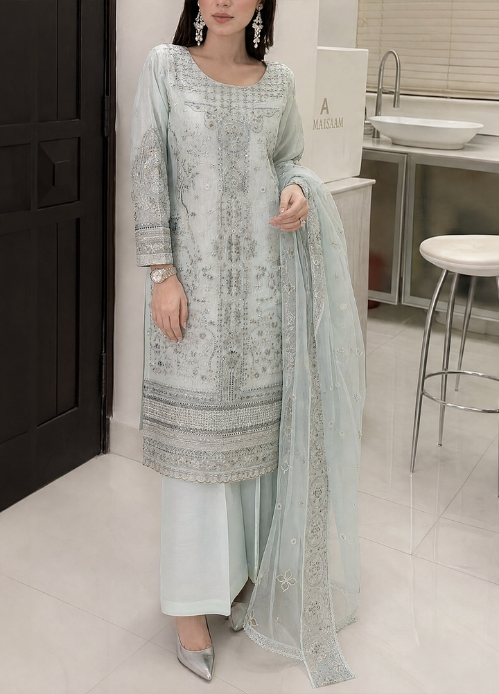 Falsafaa by HZ Textiles RTW Embroidered Organza 3 Piece Suit HZ26ULF HZK-229 Aqua - Festive Collection