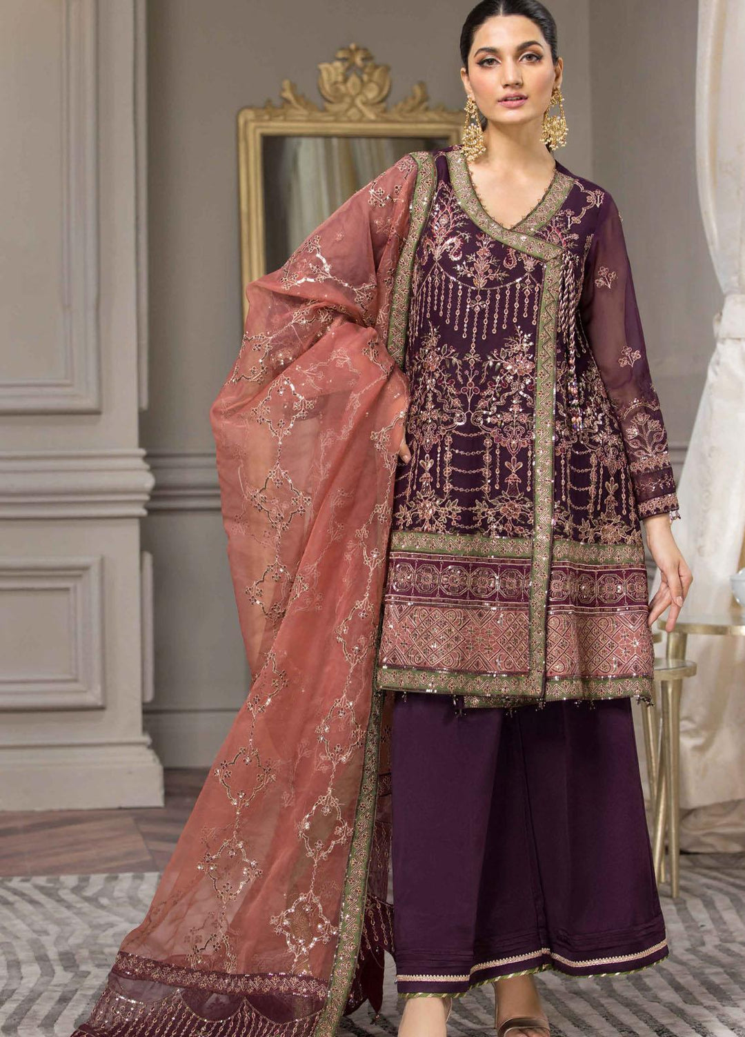 Aqs-e-Dast By Alizeh Fashion Embroidered Chiffon Suits Unstitched 3 Piece AFB22-F11 04 Lehr - Festive Collection