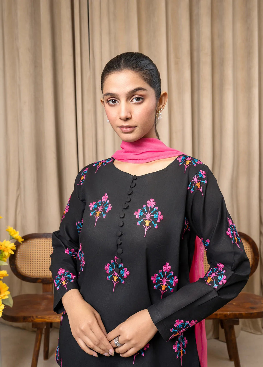 Aqs N Man Pret Embroidered Cotton 3 Piece Suit Midnight Blossom - AM-015