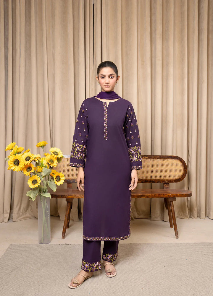 Aqs N Man Pret Embroidered Cotton 3 Piece Suit Purple Blossom - AM-013