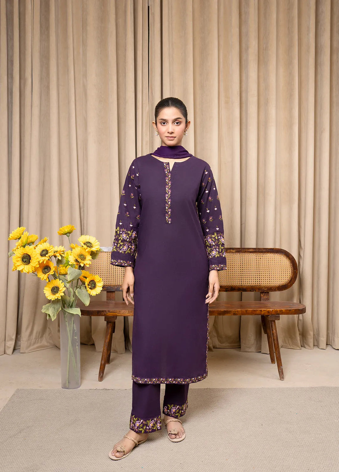 Aqs N Man Pret Embroidered Cotton 3 Piece Suit Purple Blossom - AM-013