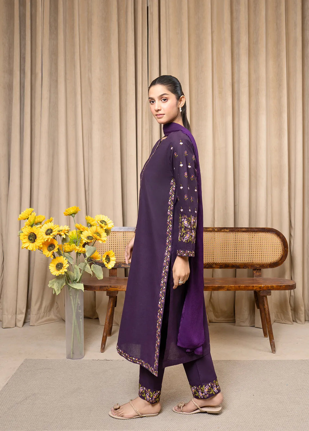 Aqs N Man Pret Embroidered Cotton 3 Piece Suit Purple Blossom - AM-013