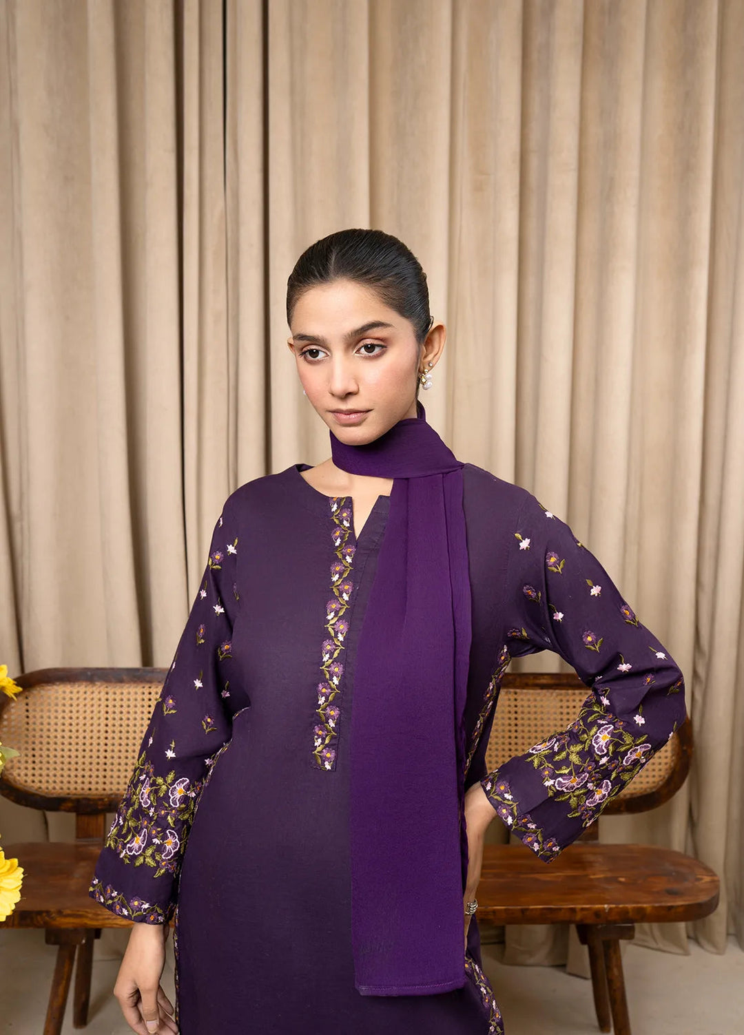 Aqs N Man Pret Embroidered Cotton 3 Piece Suit Purple Blossom - AM-013