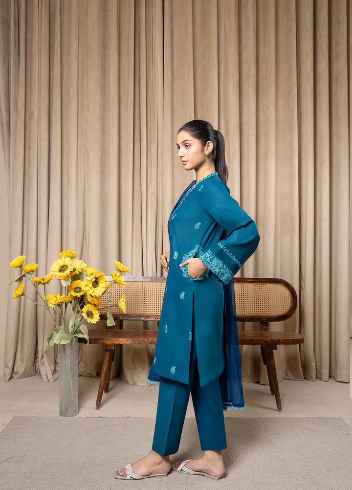Aqs N Man Pret Embroidered Cotton 3 Piece Suit Teal Tranquility - AM-014