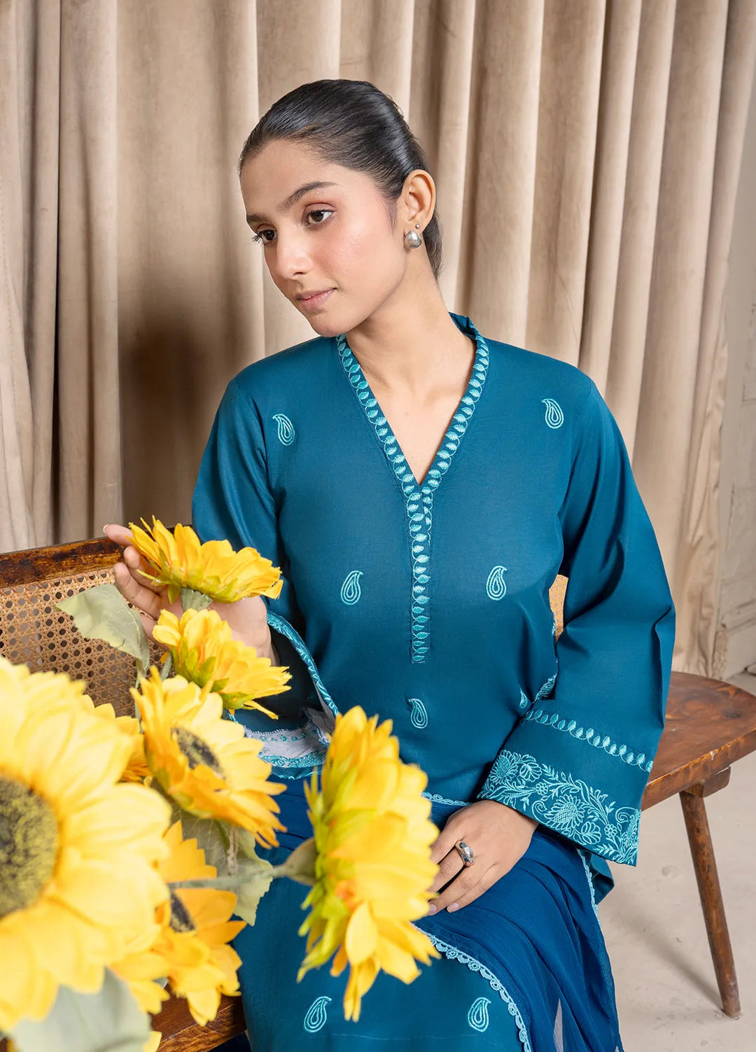 Aqs N Man Pret Embroidered Cotton 3 Piece Suit Teal Tranquility - AM-014