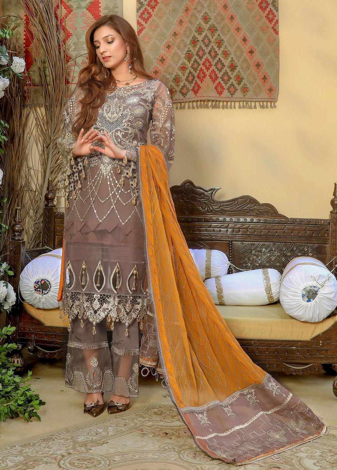 Areesha Embroidered  Suits Unstitched 3 Piece ARE22-P16 2 Brown Sugar - Premium Collection