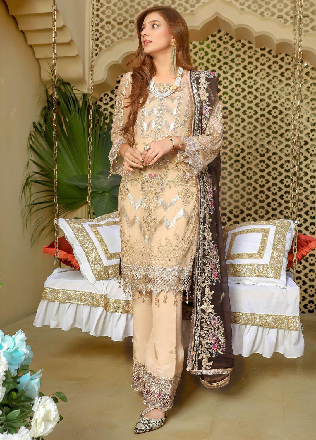 Areesha Embroidered  Suits Unstitched 3 Piece ARE22-P16 4 Latte - Premium Collection