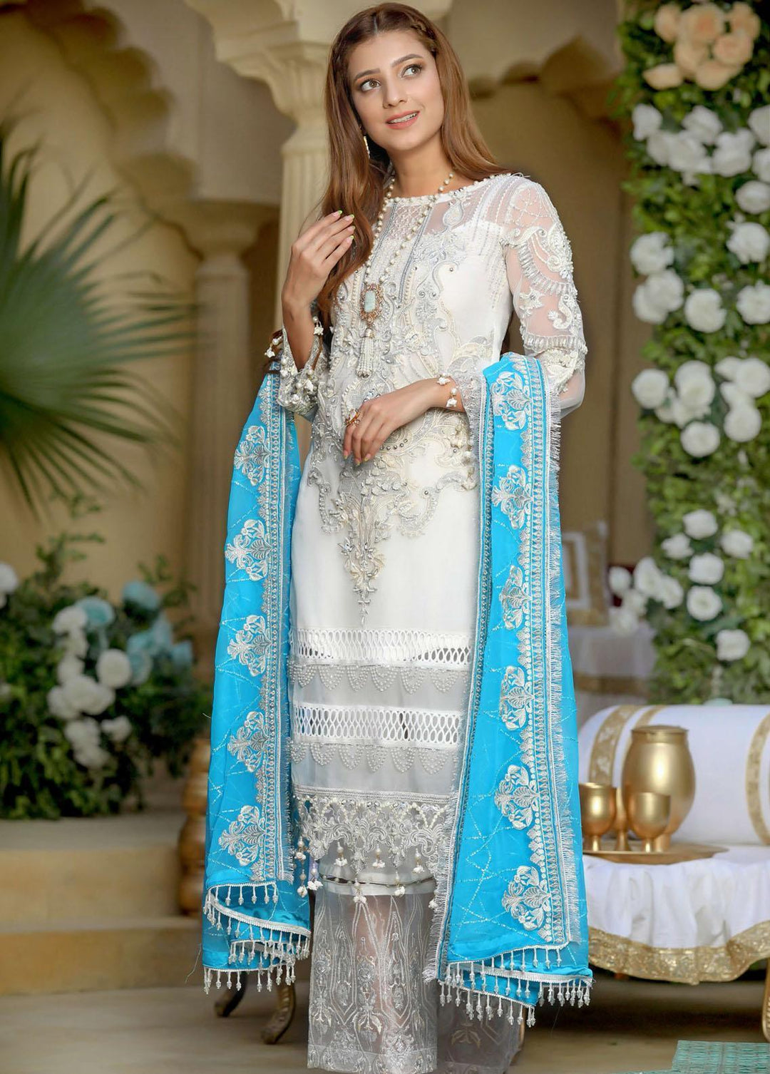 Areesha Embroidered  Suits Unstitched 3 Piece ARE22-P16 8 Pearl White - Premium Collection
