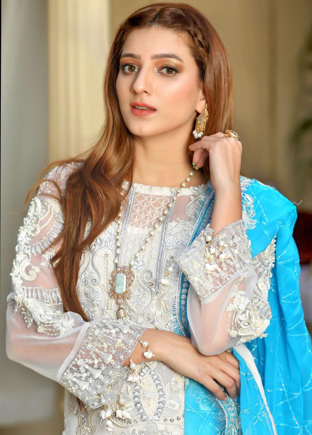 Areesha Embroidered  Suits Unstitched 3 Piece ARE22-P16 8 Pearl White - Premium Collection