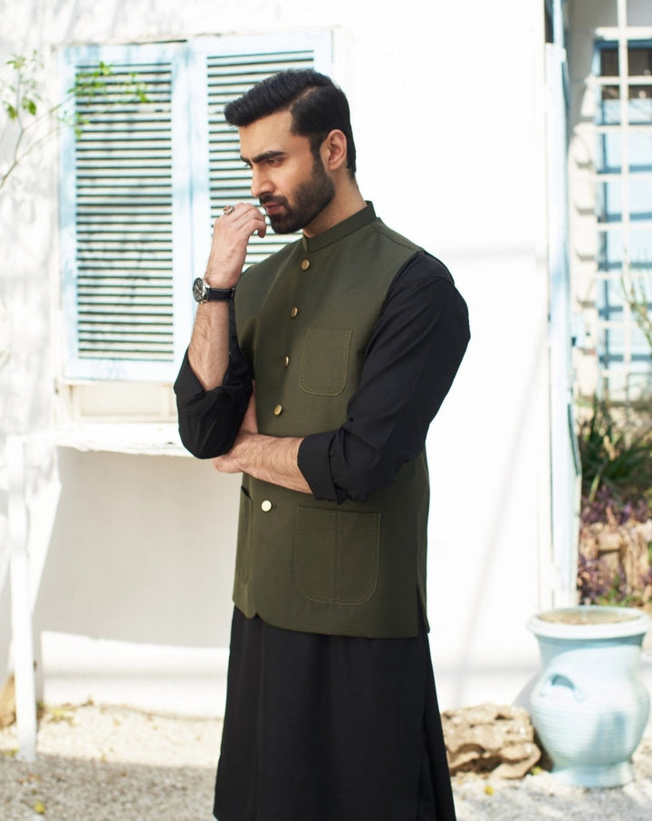 Muraqsh Ready To Wear Solids Cotton Men Black Kurta Trouser with Army Green Suiting Waistcoat Round Cut MURP-AG-KS - Summer Collection