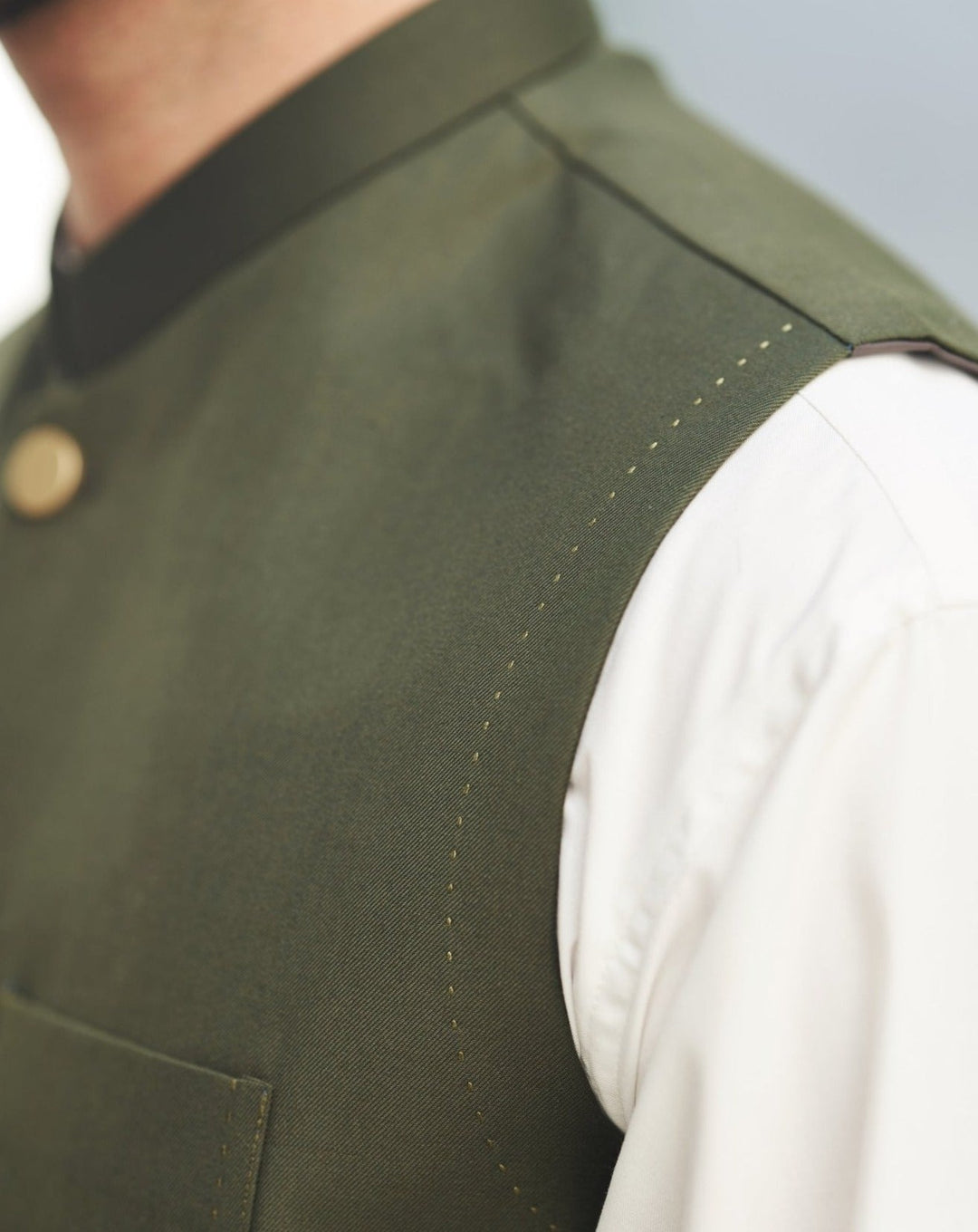 Muraqsh Ready To Wear Solids Cotton Men Off White Kurta Trouser with Army Green Suiting Waistcoat Round Cut MURP-AG-KS - Summer Collection