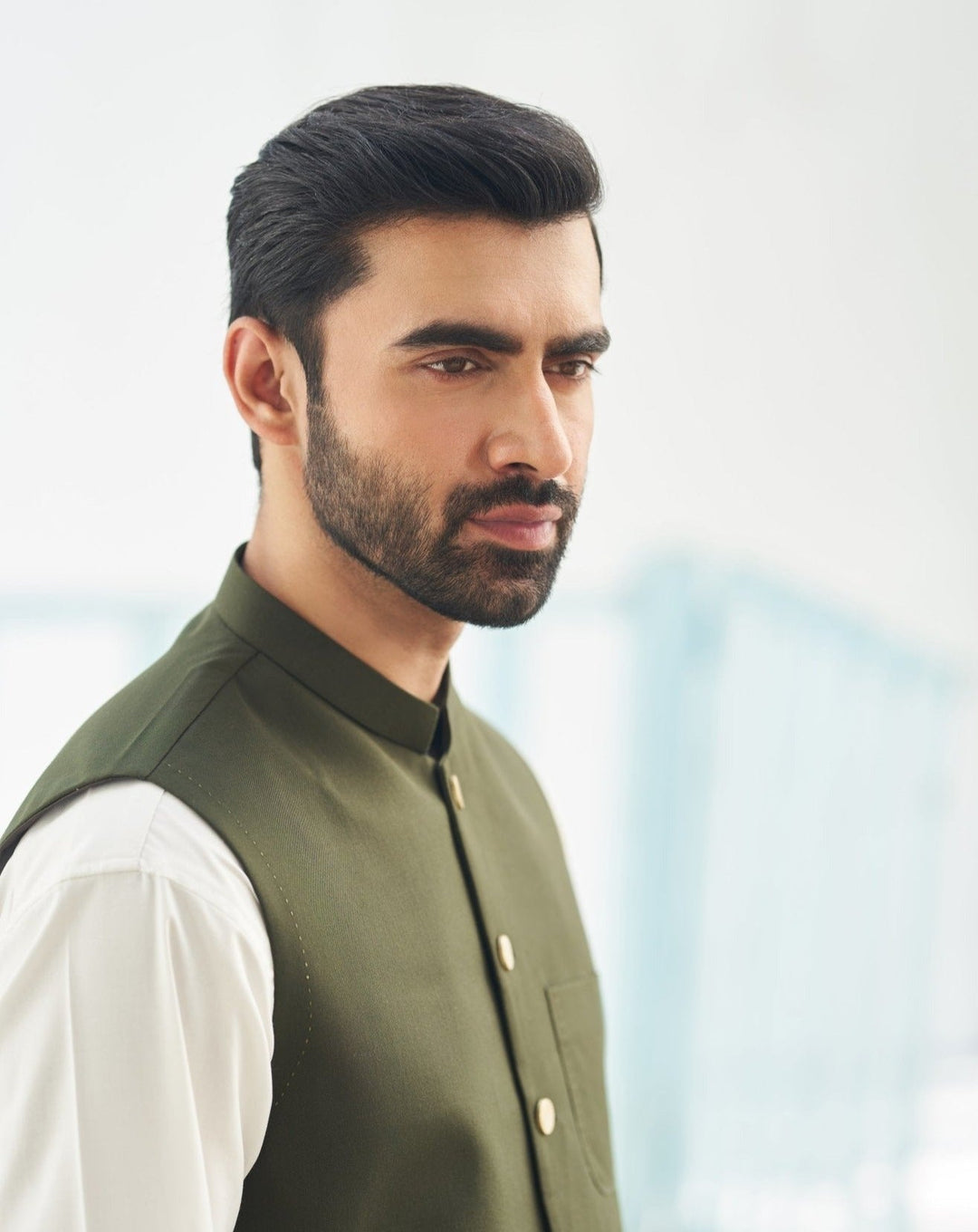 Muraqsh Ready To Wear Solids Cotton Men Off White Kurta Trouser with Army Green Suiting Waistcoat Round Cut MURP-AG-KS - Summer Collection