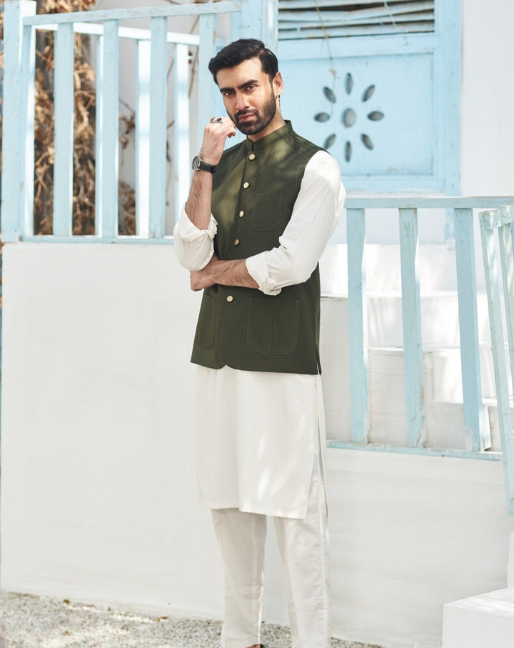 Muraqsh Ready To Wear Solids Cotton Men Off White Kurta Trouser with Army Green Suiting Waistcoat Round Cut MURP-AG-KS - Summer Collection