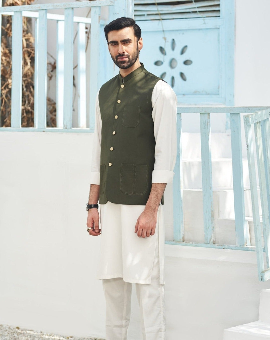 Muraqsh Ready To Wear Solids Cotton Men Off White Kurta Trouser with Army Green Suiting Waistcoat Round Cut MURP-AG-KS - Summer Collection