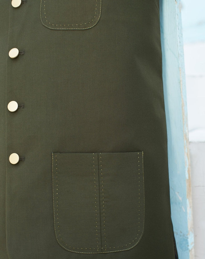 Muraqsh Ready To Wear Solids Cotton Men Army Green Suiting Waistcoat Round Cut MUR-AGW - Summer Collection