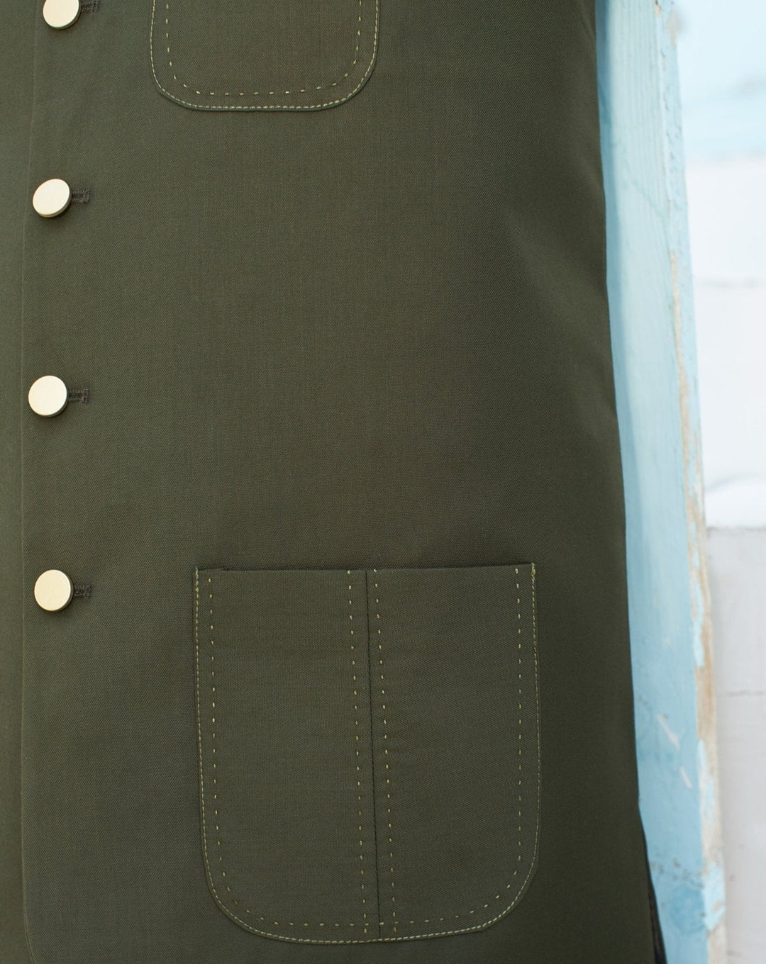 Muraqsh Ready To Wear Solids Cotton Men Army Green Suiting Waistcoat Round Cut MUR-AGW - Summer Collection