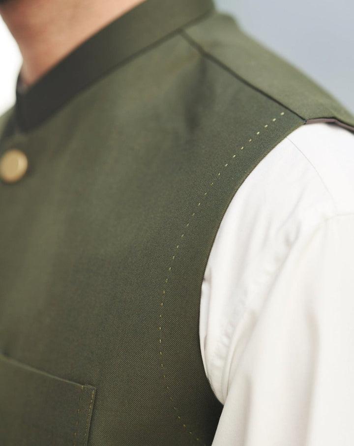 Muraqsh Ready To Wear Solids Cotton Men Army Green Suiting Waistcoat Round Cut MUR-AGW - Summer Collection