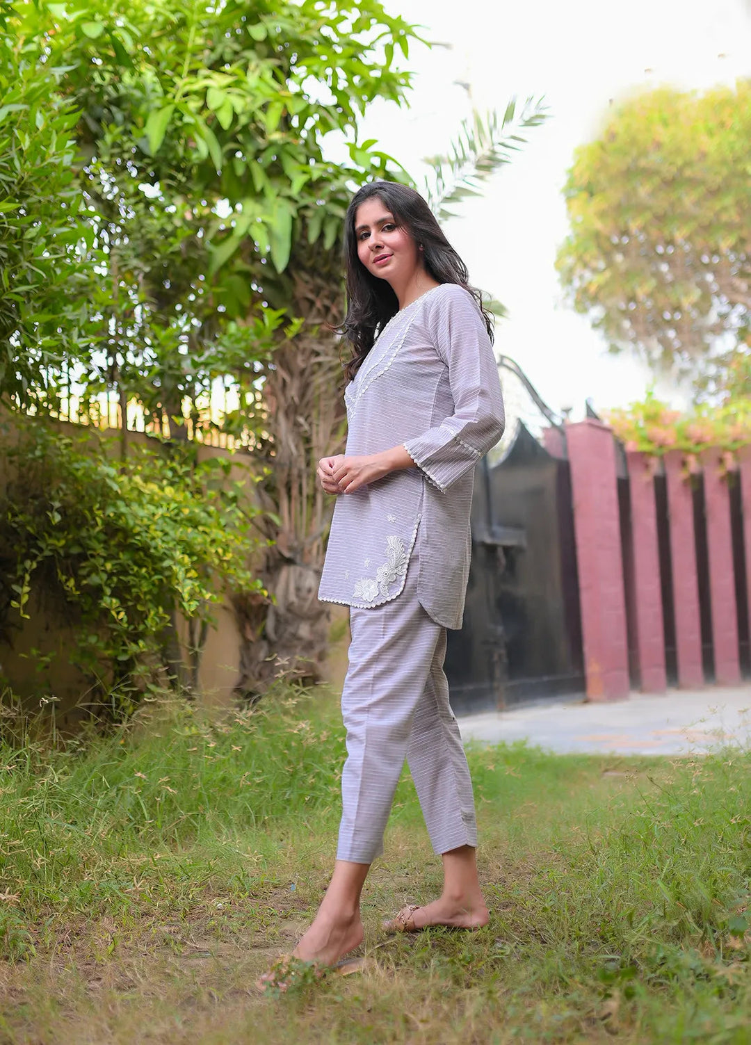 Artistic Wear Pret Appliqued Lawn 2 Piece Suit Beige Stripe