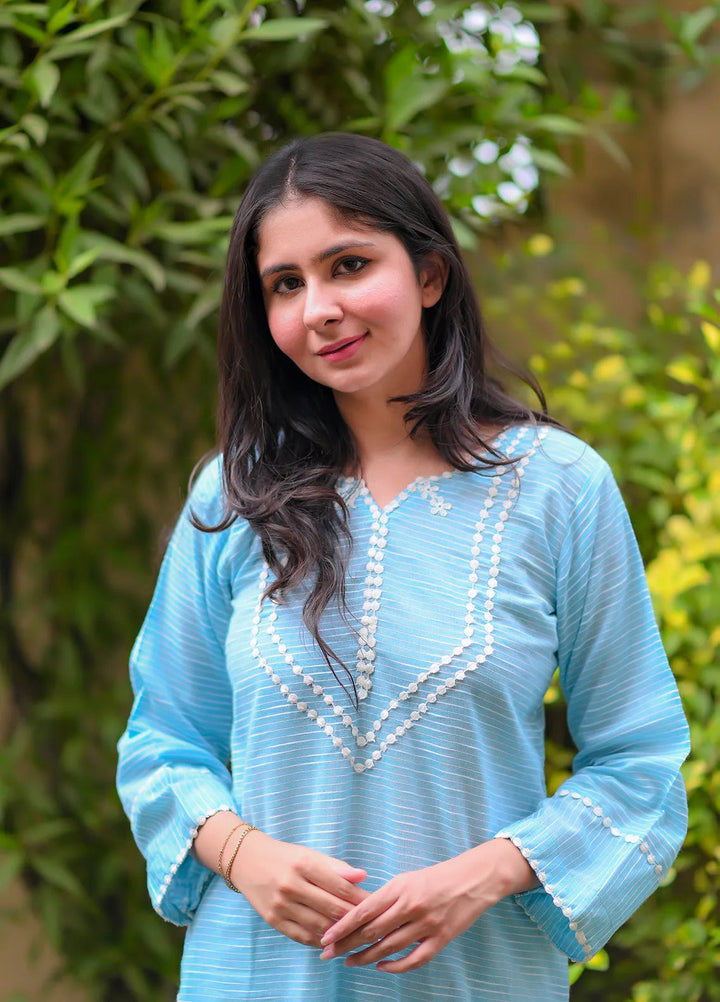 Artistic Wear Pret Appliqued Lawn 2 Piece Suit Blue Stripe