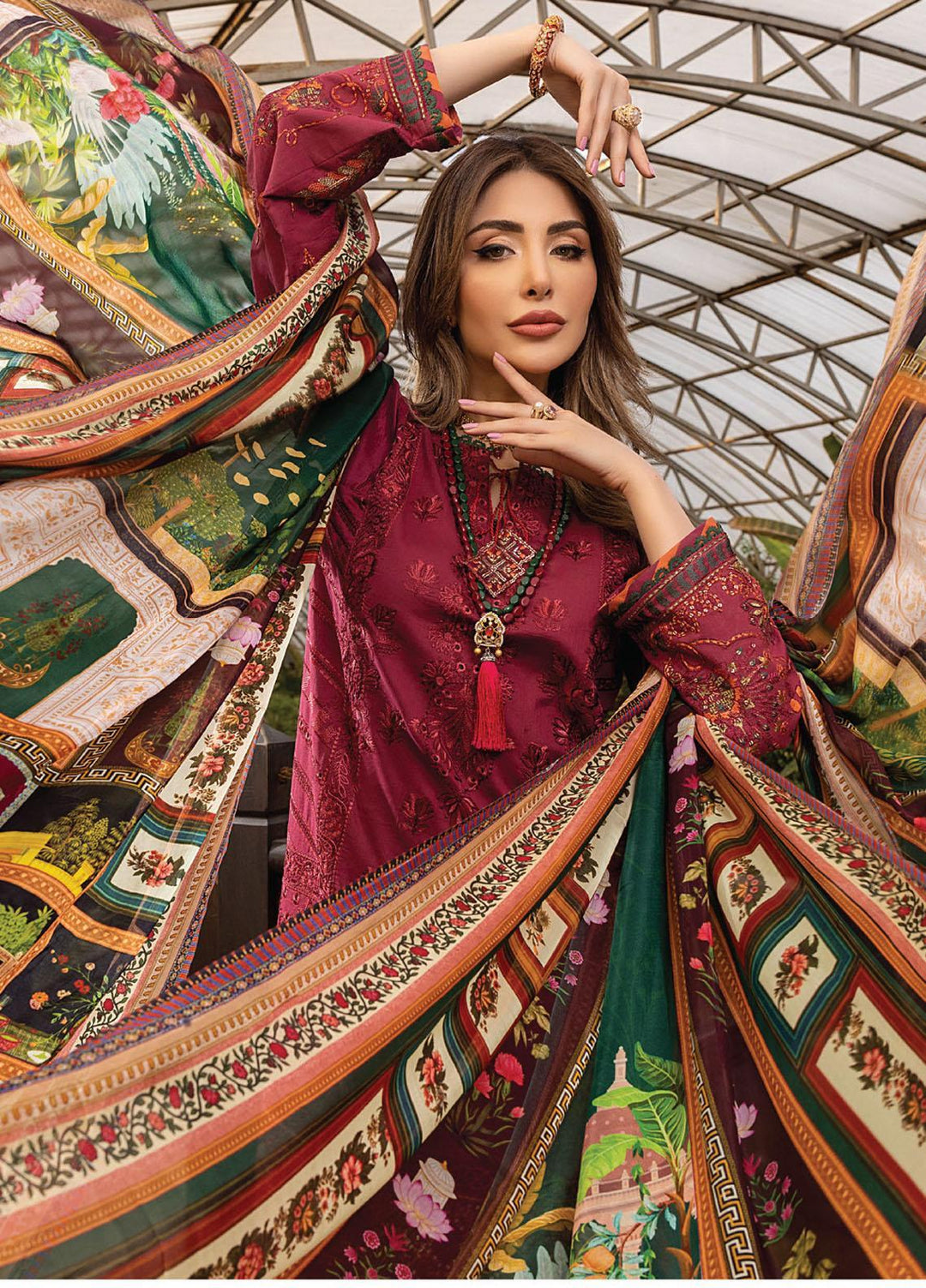 Arzoo by Humdum Embroidered Lawn Suits Unstitched 3 Piece HD22AZ D-01 Red Rose Mist - Summer Collection