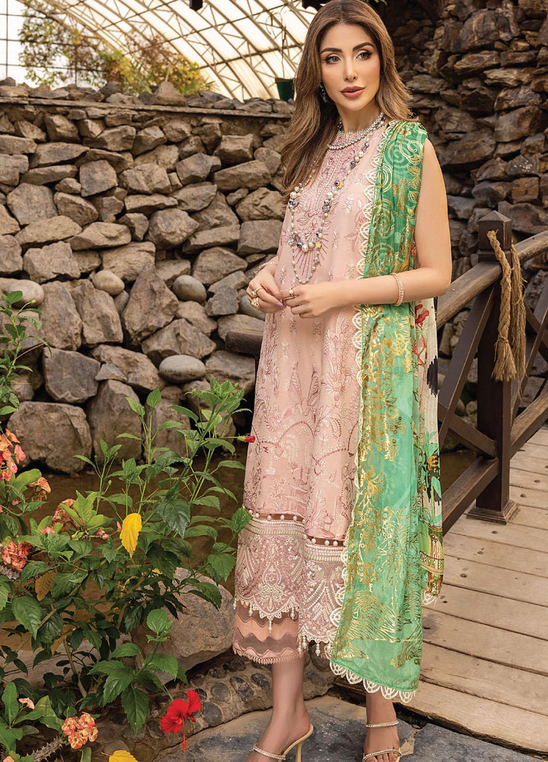 Arzoo by Humdum Embroidered Lawn Suits Unstitched 3 Piece HD22AZ D-03 Peach Gloryest - Summer Collection