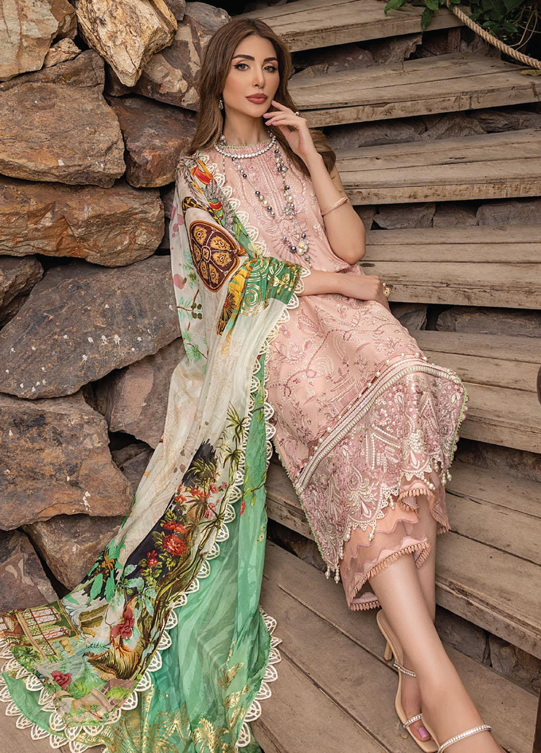 Arzoo by Humdum Embroidered Lawn Suits Unstitched 3 Piece HD22AZ D-03 Peach Gloryest - Summer Collection
