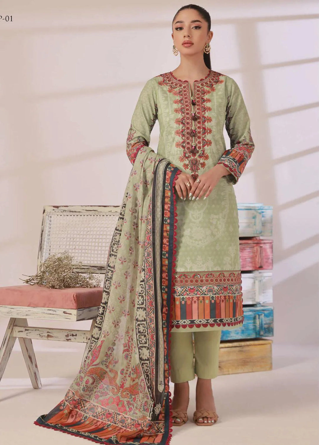 Asim Jofa Embroidered Cambric Unstitched Suit 3 Piece AJ23BP AJBP-01 - Summer Collection