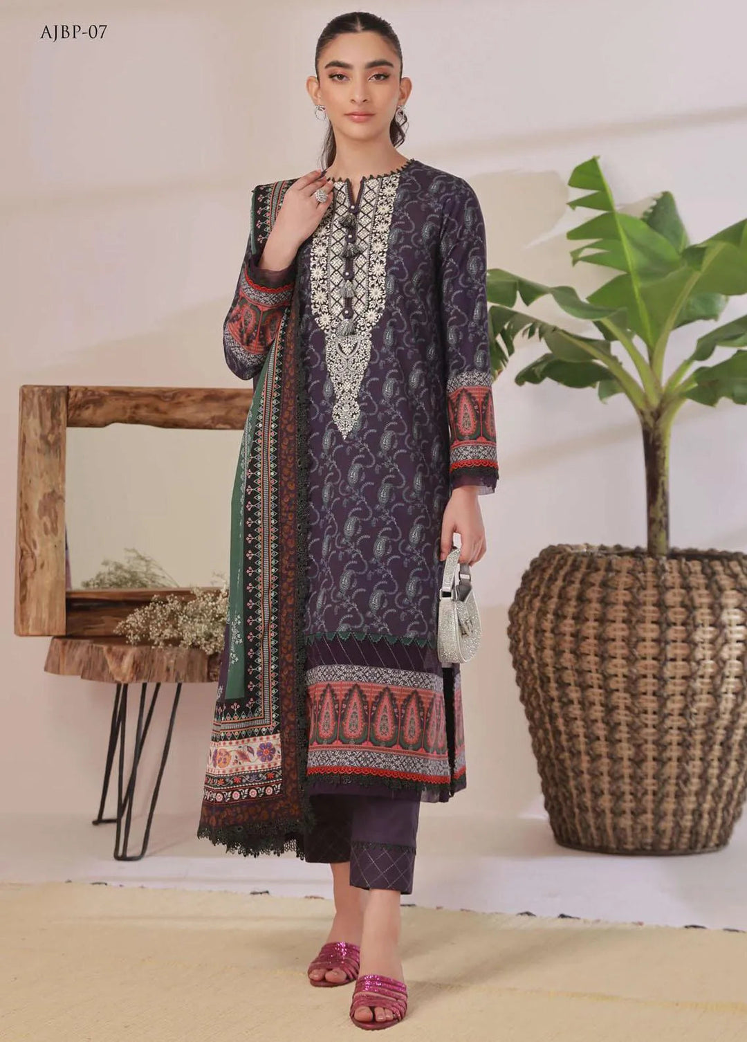 Asim Jofa Embroidered Cambric Unstitched Suit 3 Piece AJ23BP AJBP-07 - Summer Collection