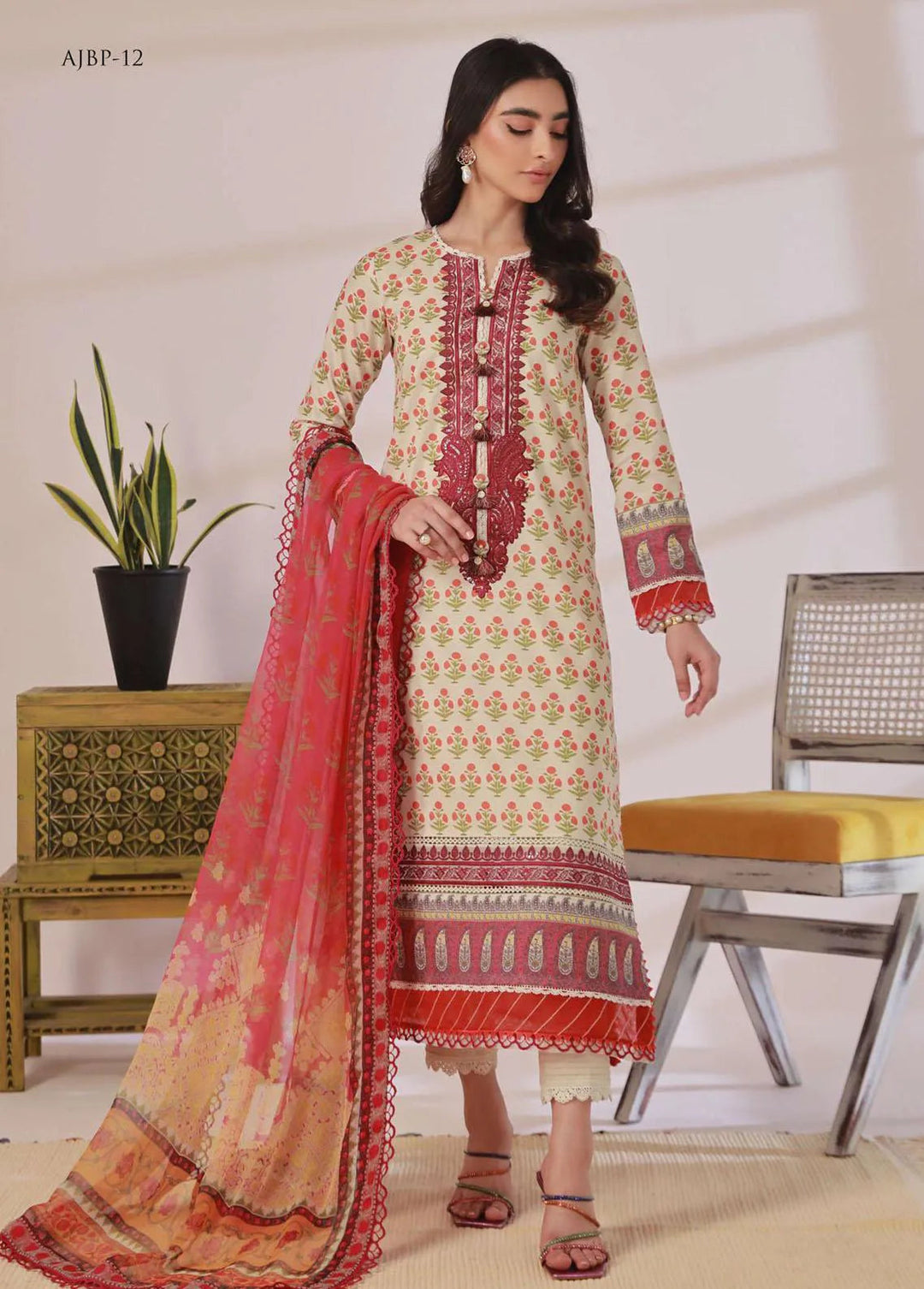 Asim Jofa Embroidered Cambric Unstitched Suit 3 Piece AJ23BP AJBP-12 - Summer Collection