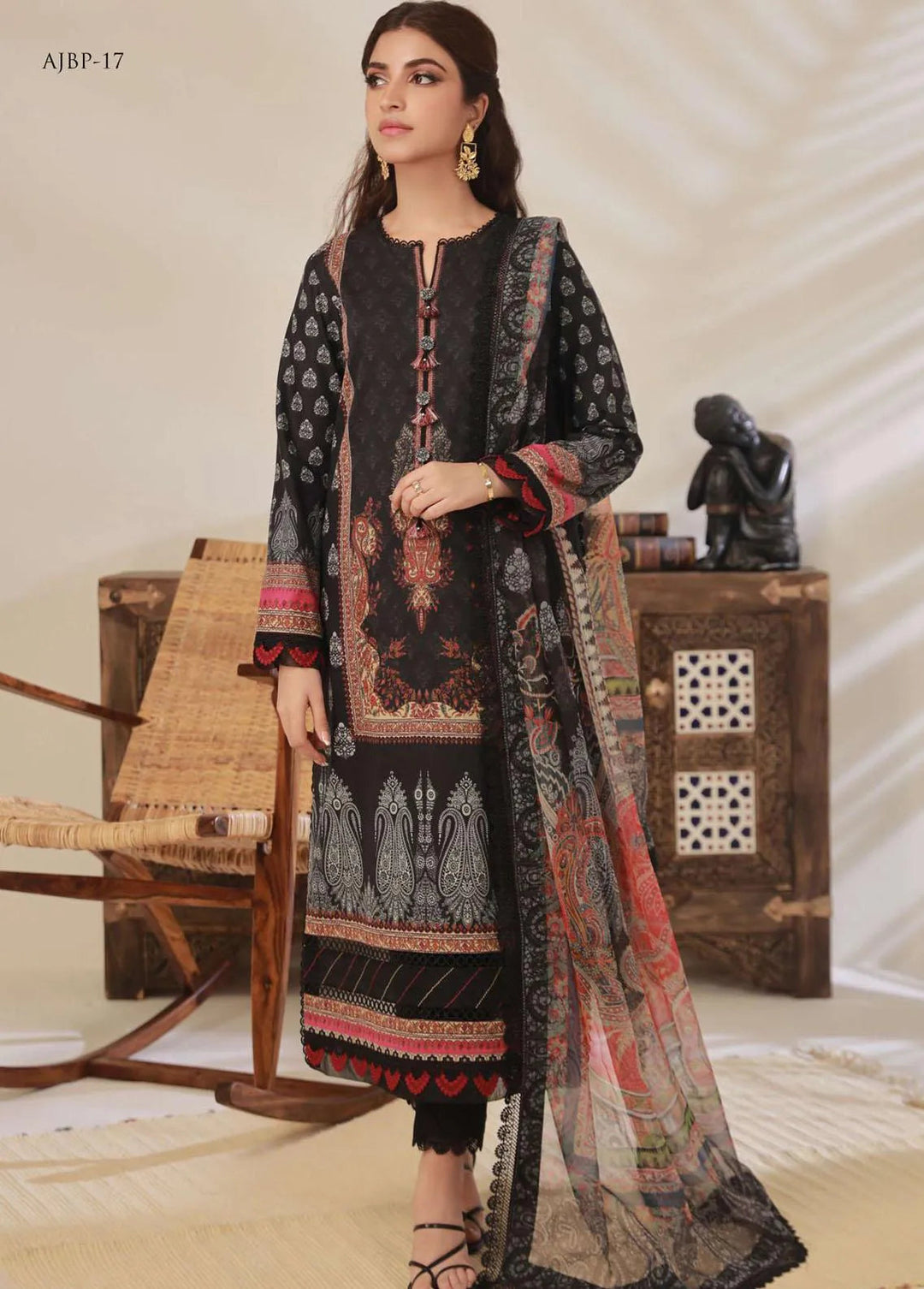 Asim Jofa Embroidered Cambric Unstitched Suit 3 Piece AJ23BP AJBP-17 - Summer Collection