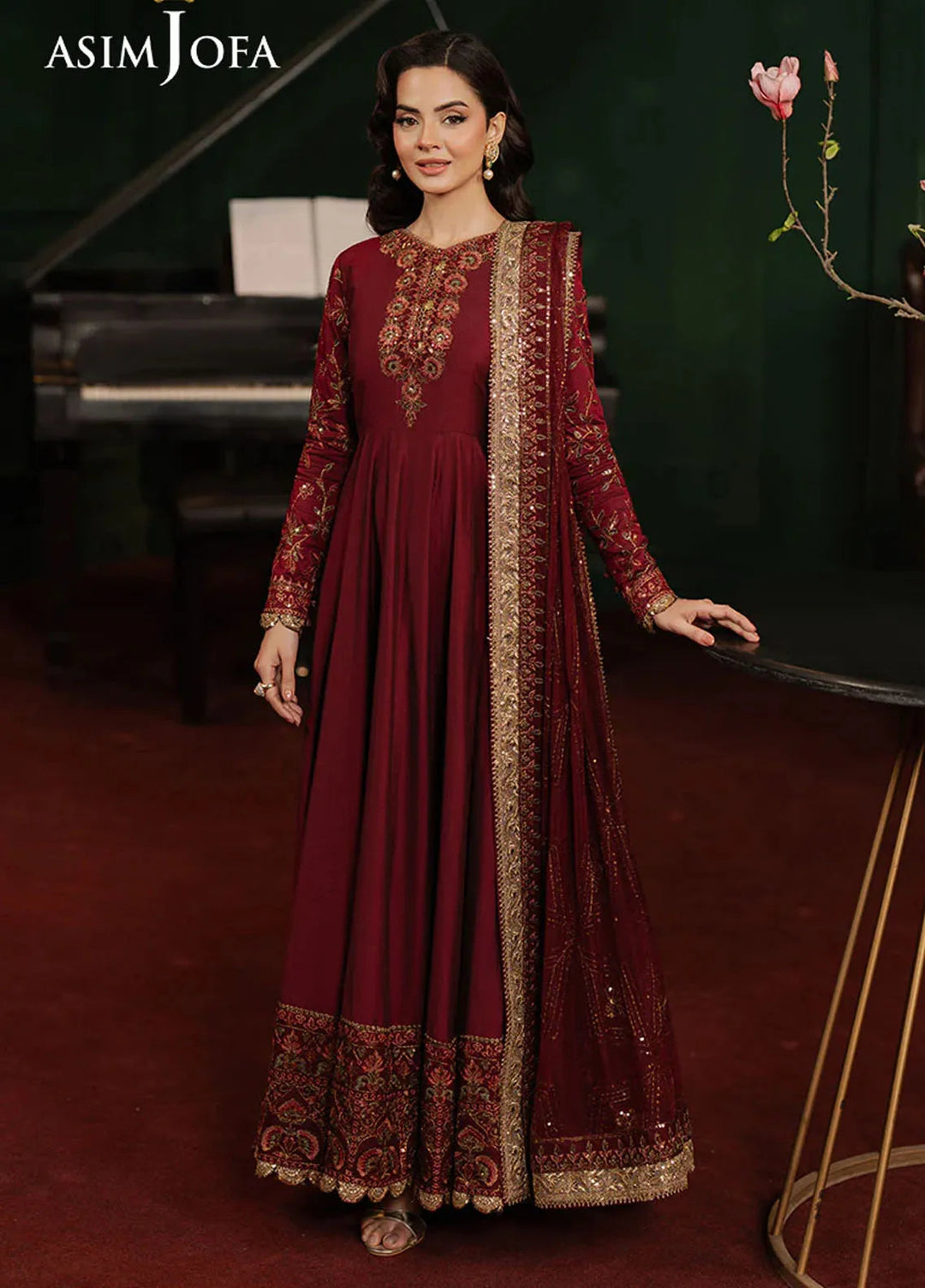 Asim Jofa Embroidered Cotton Silk Suits Unstitched 2 Piece AJ25PF AJPF-15 - Festive Collection